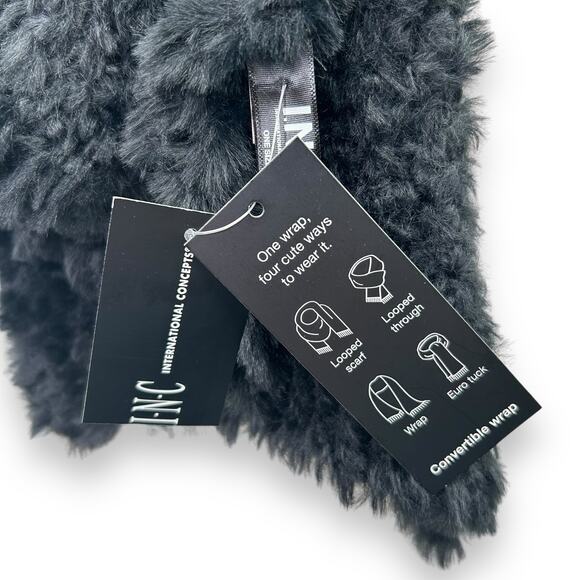 NEW INC International Concepts Fluffy Faux Fur Black Scarf Rectangle Stretch NWT - Picture 7 of 12